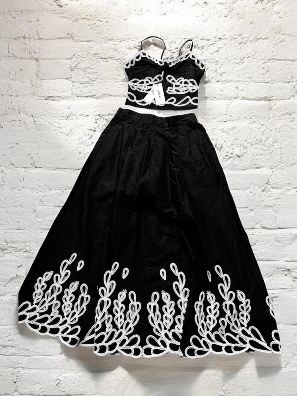 NWT Jason Wu Black High-Contrast Embroidered 2-Piece Crop Top&Maxi Skirt Set XS